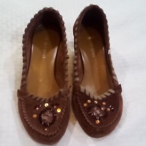 Newport News Brown Embellished Moccasins Kitten Heel